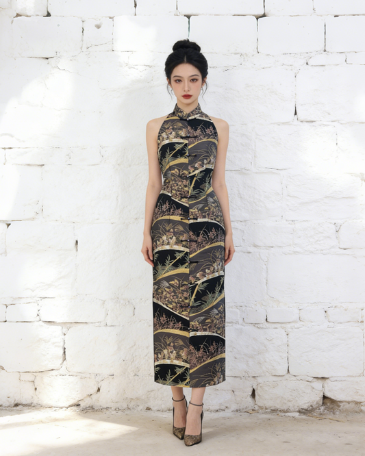 Dark Purple Patchwork Nishijin Brocade Vest Qipao (Exclusive Piece) 紫金繁花西陣織旗袍（孤品）