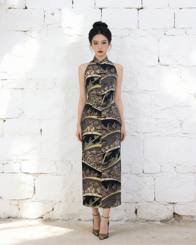 Dark Purple Patchwork Nishijin Brocade Vest Qipao (Exclusive Piece) 紫金繁花西陣織旗袍（孤品）