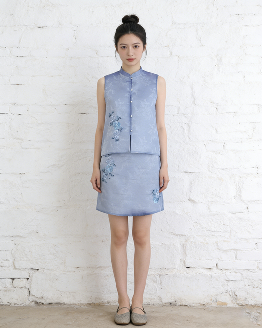 Starry Blue Hand-Embroidered Sheer Sleeveless Set (Exclusive Piece) 星藍手繡紗無袖套裝 (孤品)