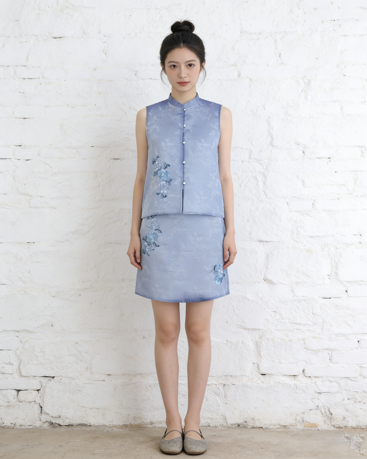 Starry Blue Hand-Embroidered Sheer Sleeveless Set (Exclusive Piece) 星藍手繡紗無袖套裝 (孤品)