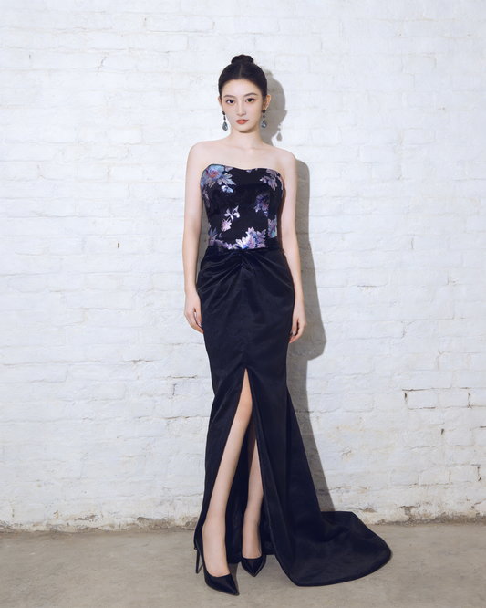 Midnight Rose · Black Mother-of-Pearl Pattern Silk Gown 墨夜薔薇·黑色螺鈿真絲晚禮裙