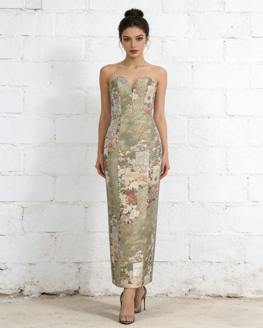 Gold-Green Nishijin Brocade Blooming Strapless Evening Gown (Exclusive piece) 金綠西陣織錦簇抹胸禮裙 （孤品）