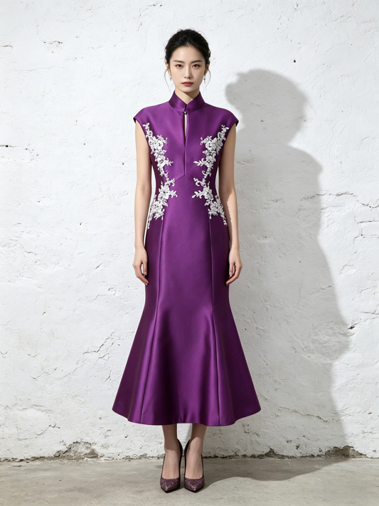 Deep Violet Mermaid Evening Gown with 3D Embroidery 立體刺繡深紫魚尾晚禮裙