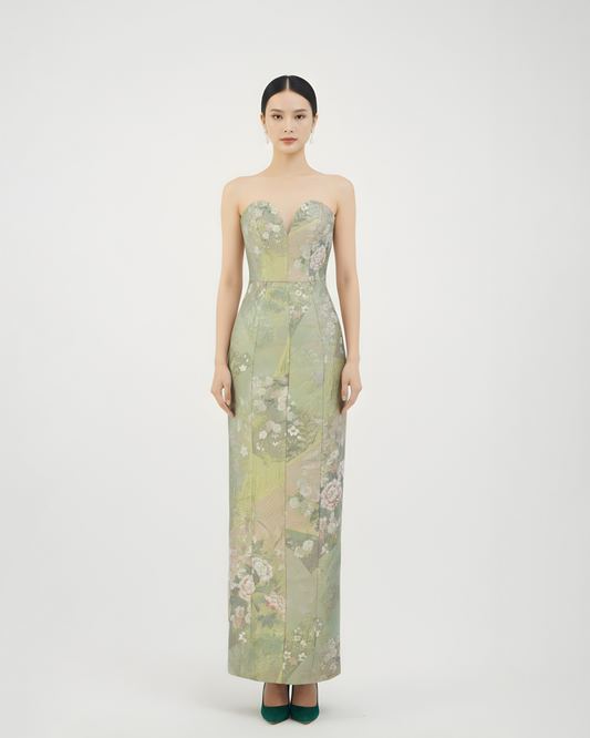 Gold-Green Nishijin Brocade Strapless Evening Gown (Exclusive Piece) 金綠西陣織抹胸禮裙 （孤品）