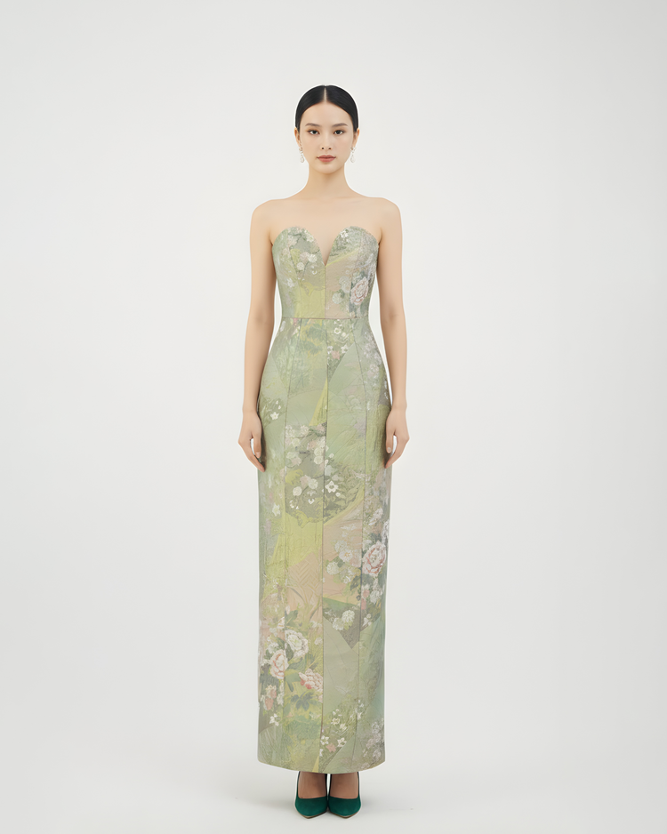 Gold-Green Nishijin Brocade Strapless Evening Gown (Exclusive Piece) 金綠西陣織抹胸禮裙 （孤品）