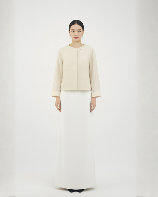 Cream Jacquard Satin Turn-Up Sleeve Jacket 奶白提花緞面翻袖外套