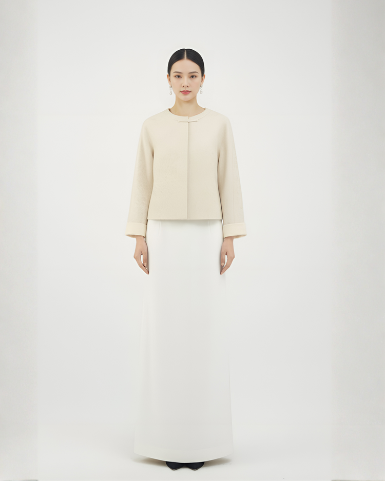 Cream Jacquard Satin Turn-Up Sleeve Jacket 奶白提花緞面翻袖外套